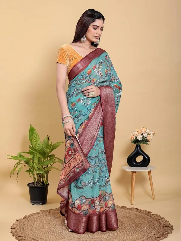 Women's_Linen_Cotton_Jacquard_Patta_Saree_with_Elegant_Weaving_Design_|_For_Traditional,_Festive_&_Wedding_|_Soft,_Breathable_&_Stylish_|_5.5m_Saree_+_0.8m_Blouse_Piece_(Aqua_Teal_&_Maroon)