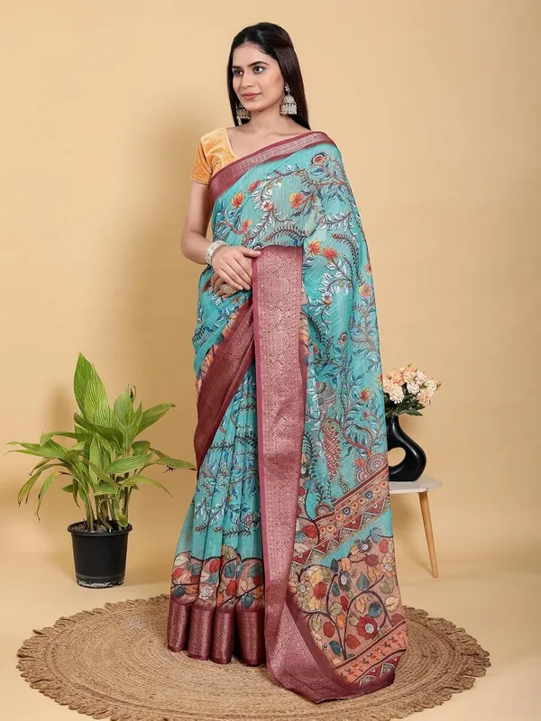 Women's_Linen_Cotton_Jacquard_Patta_Saree_with_Elegant_Weaving_Design_|_For_Traditional,_Festive_&_Wedding_|_Soft,_Breathable_&_Stylish_|_5.5m_Saree_+_0.8m_Blouse_Piece_(Aqua_Teal_&_Maroon)