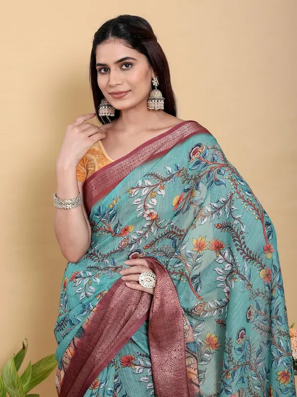 Women's_Linen_Cotton_Jacquard_Patta_Saree_with_Elegant_Weaving_Design_|_For_Traditional,_Festive_&_Wedding_|_Soft,_Breathable_&_Stylish_|_5.5m_Saree_+_0.8m_Blouse_Piece_(Aqua_Teal_&_Maroon)