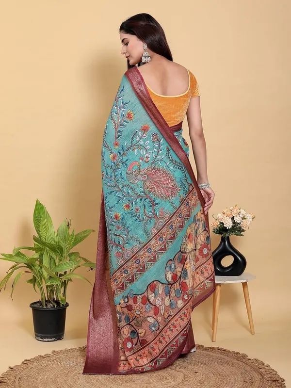 Women's_Linen_Cotton_Jacquard_Patta_Saree_with_Elegant_Weaving_Design_|_For_Traditional,_Festive_&_Wedding_|_Soft,_Breathable_&_Stylish_|_5.5m_Saree_+_0.8m_Blouse_Piece_(Aqua_Teal_&_Maroon)