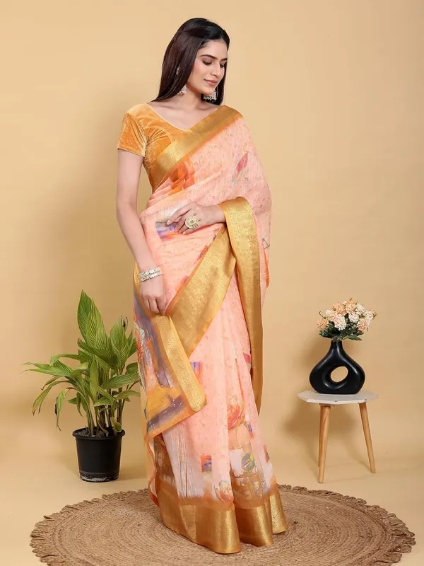 Women's_Linen_Cotton_Jacquard_Patta_Saree_with_Elegant_Weaving_Design_|_For_Traditional,_Festive_&_Wedding_|_Soft,_Breathable_&_Stylish_|_5.5m_Saree_+_0.8m_Blouse_Piece_(Peach-orange_&_Gold)