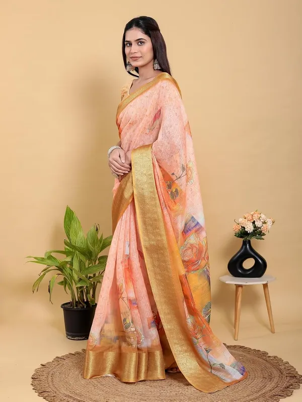 Women's_Linen_Cotton_Jacquard_Patta_Saree_with_Elegant_Weaving_Design_|_For_Traditional,_Festive_&_Wedding_|_Soft,_Breathable_&_Stylish_|_5.5m_Saree_+_0.8m_Blouse_Piece_(Peach-orange_&_Gold)