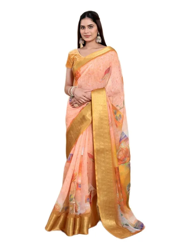 Women's_Linen_Cotton_Jacquard_Patta_Saree_with_Elegant_Weaving_Design_|_For_Traditional,_Festive_&_Wedding_|_Soft,_Breathable_&_Stylish_|_5.5m_Saree_+_0.8m_Blouse_Piece_(Peach-orange_&_Gold)