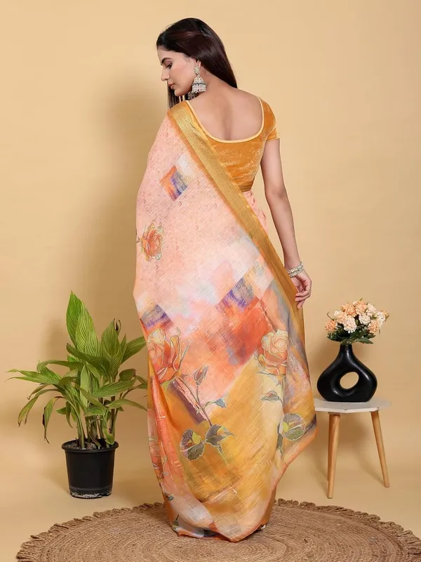 Women's_Linen_Cotton_Jacquard_Patta_Saree_with_Elegant_Weaving_Design_|_For_Traditional,_Festive_&_Wedding_|_Soft,_Breathable_&_Stylish_|_5.5m_Saree_+_0.8m_Blouse_Piece_(Peach-orange_&_Gold)