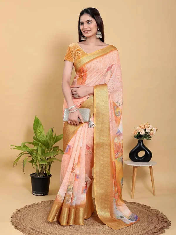 Women's_Linen_Cotton_Jacquard_Patta_Saree_with_Elegant_Weaving_Design_|_For_Traditional,_Festive_&_Wedding_|_Soft,_Breathable_&_Stylish_|_5.5m_Saree_+_0.8m_Blouse_Piece_(Peach-orange_&_Gold)