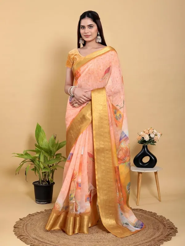 Women's_Linen_Cotton_Jacquard_Patta_Saree_with_Elegant_Weaving_Design_|_For_Traditional,_Festive_&_Wedding_|_Soft,_Breathable_&_Stylish_|_5.5m_Saree_+_0.8m_Blouse_Piece_(Peach-orange_&_Gold)