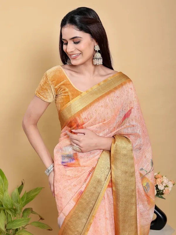 Women's_Linen_Cotton_Jacquard_Patta_Saree_with_Elegant_Weaving_Design_|_For_Traditional,_Festive_&_Wedding_|_Soft,_Breathable_&_Stylish_|_5.5m_Saree_+_0.8m_Blouse_Piece_(Peach-orange_&_Gold)