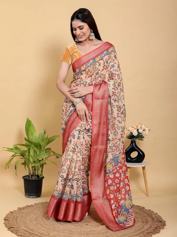 Women's_Linen_Cotton_Jacquard_Patta_Saree_with_Elegant_Weaving_Design_|_For_Traditional,_Festive_&_Wedding_|_Soft,_Breathable_&_Stylish_|_5.5m_Saree_+_0.8m_Blouse_Piece_(Beige_&_Red)