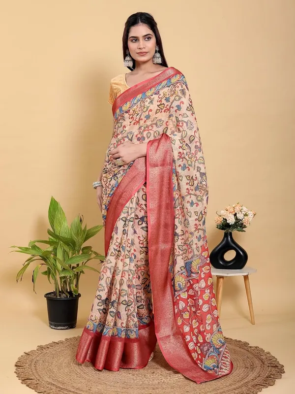 Women's_Linen_Cotton_Jacquard_Patta_Saree_with_Elegant_Weaving_Design_|_For_Traditional,_Festive_&_Wedding_|_Soft,_Breathable_&_Stylish_|_5.5m_Saree_+_0.8m_Blouse_Piece_(Beige_&_Red)