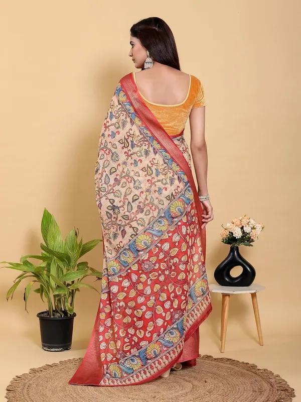 Women's_Linen_Cotton_Jacquard_Patta_Saree_with_Elegant_Weaving_Design_|_For_Traditional,_Festive_&_Wedding_|_Soft,_Breathable_&_Stylish_|_5.5m_Saree_+_0.8m_Blouse_Piece_(Beige_&_Red)