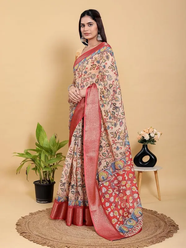 Women's_Linen_Cotton_Jacquard_Patta_Saree_with_Elegant_Weaving_Design_|_For_Traditional,_Festive_&_Wedding_|_Soft,_Breathable_&_Stylish_|_5.5m_Saree_+_0.8m_Blouse_Piece_(Beige_&_Red)