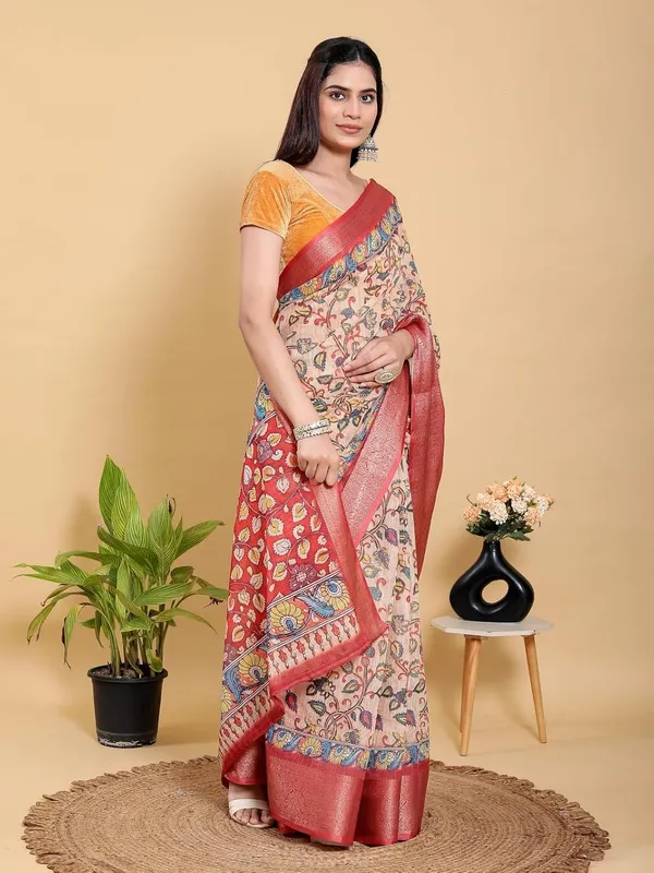 Women's_Linen_Cotton_Jacquard_Patta_Saree_with_Elegant_Weaving_Design_|_For_Traditional,_Festive_&_Wedding_|_Soft,_Breathable_&_Stylish_|_5.5m_Saree_+_0.8m_Blouse_Piece_(Beige_&_Red)