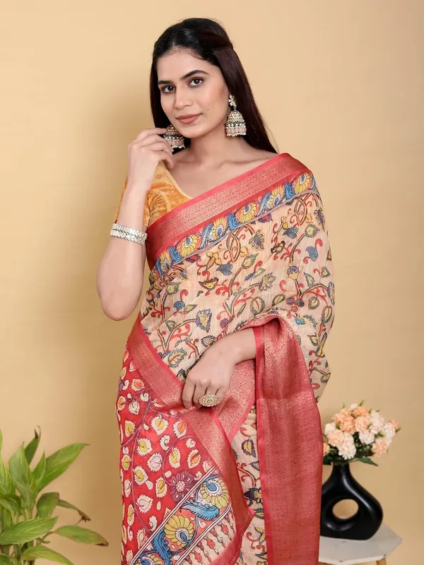Women's_Linen_Cotton_Jacquard_Patta_Saree_with_Elegant_Weaving_Design_|_For_Traditional,_Festive_&_Wedding_|_Soft,_Breathable_&_Stylish_|_5.5m_Saree_+_0.8m_Blouse_Piece_(Beige_&_Red)