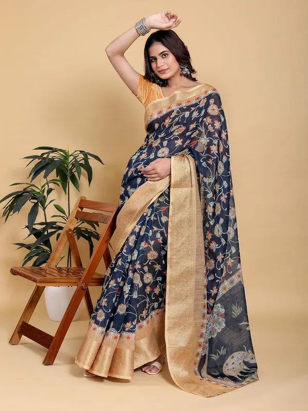 Women's_Linen_Cotton_Jacquard_Patta_Saree_with_Elegant_Weaving_Design_|_For_Traditional,_Festive_&_Wedding_|_Soft,_Breathable_&_Stylish_|_5.5m_Saree_+_0.8m_Blouse_Piece_(Navy_&_Gold)