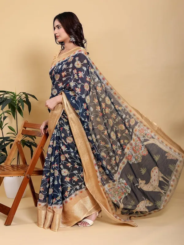 Women's_Linen_Cotton_Jacquard_Patta_Saree_with_Elegant_Weaving_Design_|_For_Traditional,_Festive_&_Wedding_|_Soft,_Breathable_&_Stylish_|_5.5m_Saree_+_0.8m_Blouse_Piece_(Navy_&_Gold)