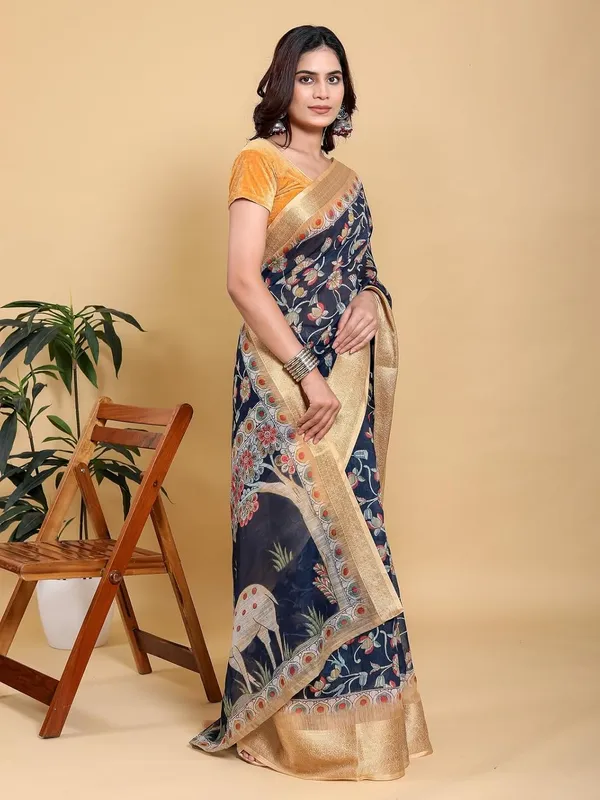Women's_Linen_Cotton_Jacquard_Patta_Saree_with_Elegant_Weaving_Design_|_For_Traditional,_Festive_&_Wedding_|_Soft,_Breathable_&_Stylish_|_5.5m_Saree_+_0.8m_Blouse_Piece_(Navy_&_Gold)