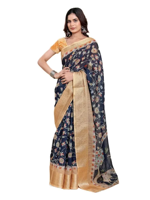 Women's_Linen_Cotton_Jacquard_Patta_Saree_with_Elegant_Weaving_Design_|_For_Traditional,_Festive_&_Wedding_|_Soft,_Breathable_&_Stylish_|_5.5m_Saree_+_0.8m_Blouse_Piece_(Navy_&_Gold)
