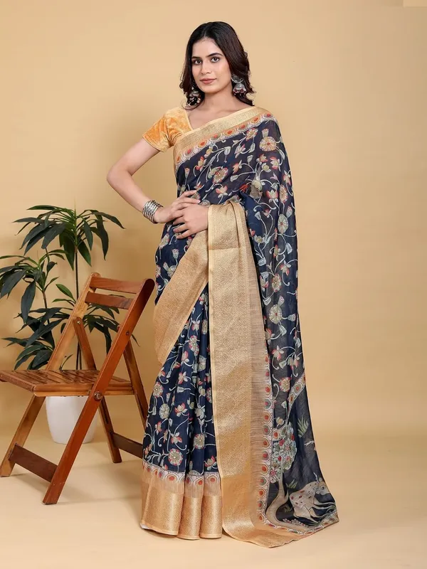 Women's_Linen_Cotton_Jacquard_Patta_Saree_with_Elegant_Weaving_Design_|_For_Traditional,_Festive_&_Wedding_|_Soft,_Breathable_&_Stylish_|_5.5m_Saree_+_0.8m_Blouse_Piece_(Navy_&_Gold)