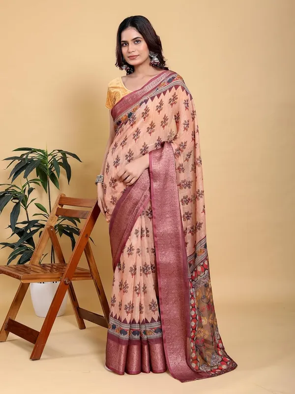 Women's_Linen_Cotton_Jacquard_Patta_Saree_with_Elegant_Weaving_Design_|_For_Traditional,_Festive_&_Wedding_|_Soft,_Breathable_&_Stylish_|_5.5m_Saree_+_0.8m_Blouse_Piece_(Coral_&_Maroon)