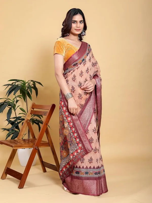 Women's_Linen_Cotton_Jacquard_Patta_Saree_with_Elegant_Weaving_Design_|_For_Traditional,_Festive_&_Wedding_|_Soft,_Breathable_&_Stylish_|_5.5m_Saree_+_0.8m_Blouse_Piece_(Coral_&_Maroon)