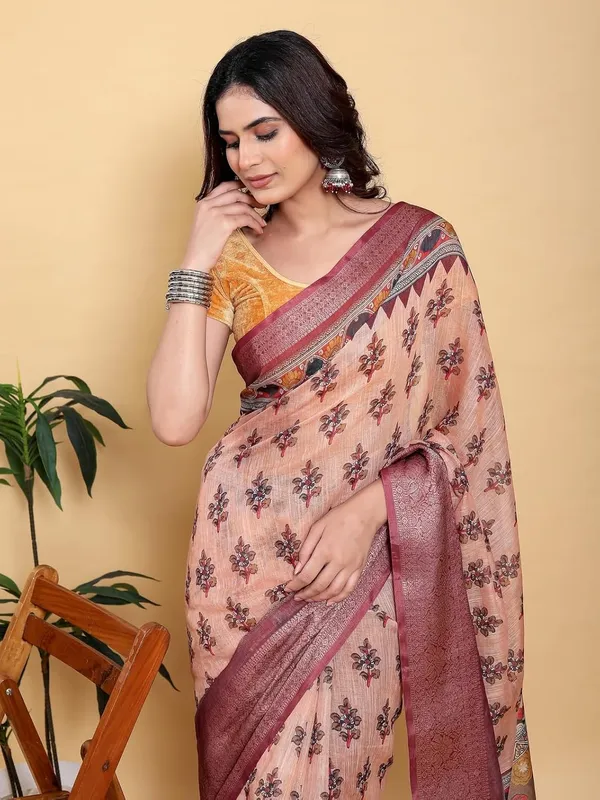 Women's_Linen_Cotton_Jacquard_Patta_Saree_with_Elegant_Weaving_Design_|_For_Traditional,_Festive_&_Wedding_|_Soft,_Breathable_&_Stylish_|_5.5m_Saree_+_0.8m_Blouse_Piece_(Coral_&_Maroon)