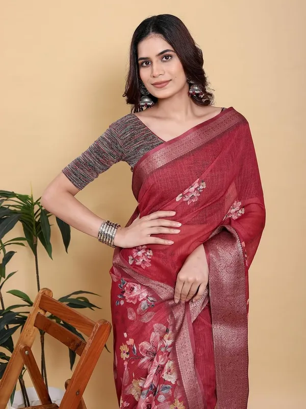Women's_Linen_Cotton_Jacquard_Patta_Saree_with_Elegant_Weaving_Design_|_For_Traditional,_Festive_&_Wedding_|_Soft,_Breathable_&_Stylish_|_5.5m_Saree_+_0.8m_Blouse_Piece_(Maroon_&_Wine)