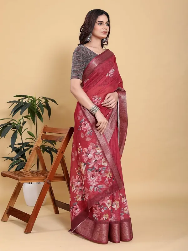 Women's_Linen_Cotton_Jacquard_Patta_Saree_with_Elegant_Weaving_Design_|_For_Traditional,_Festive_&_Wedding_|_Soft,_Breathable_&_Stylish_|_5.5m_Saree_+_0.8m_Blouse_Piece_(Maroon_&_Wine)