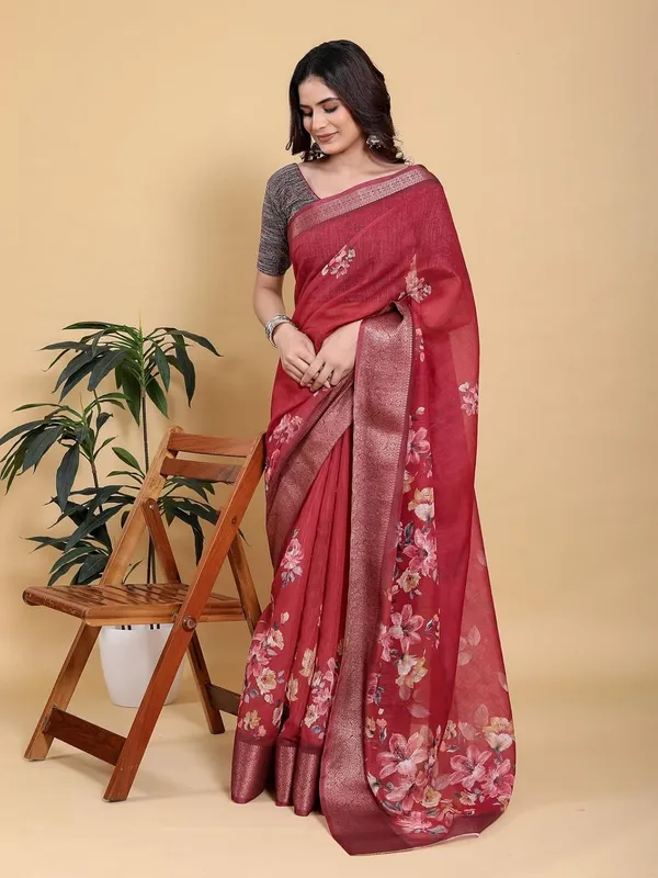 Women's_Linen_Cotton_Jacquard_Patta_Saree_with_Elegant_Weaving_Design_|_For_Traditional,_Festive_&_Wedding_|_Soft,_Breathable_&_Stylish_|_5.5m_Saree_+_0.8m_Blouse_Piece_(Maroon_&_Wine)