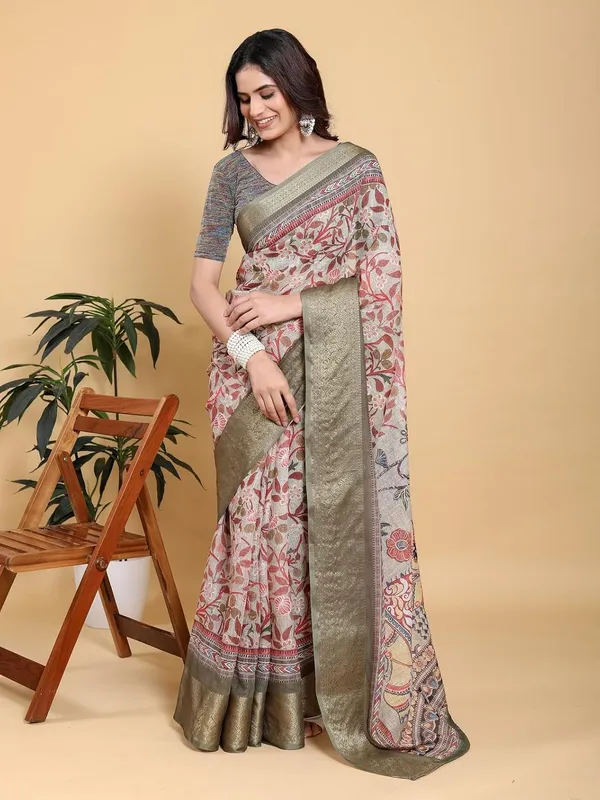 Women's_Linen_Cotton_Jacquard_Patta_Saree_with_Elegant_Weaving_Design_|_For_Traditional,_Festive_&_Wedding_|_Soft,_Breathable_&_Stylish_|_5.5m_Saree_+_0.8m_Blouse_Piece_(Beige_&_Green)