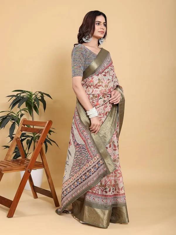 Women's_Linen_Cotton_Jacquard_Patta_Saree_with_Elegant_Weaving_Design_|_For_Traditional,_Festive_&_Wedding_|_Soft,_Breathable_&_Stylish_|_5.5m_Saree_+_0.8m_Blouse_Piece_(Beige_&_Green)