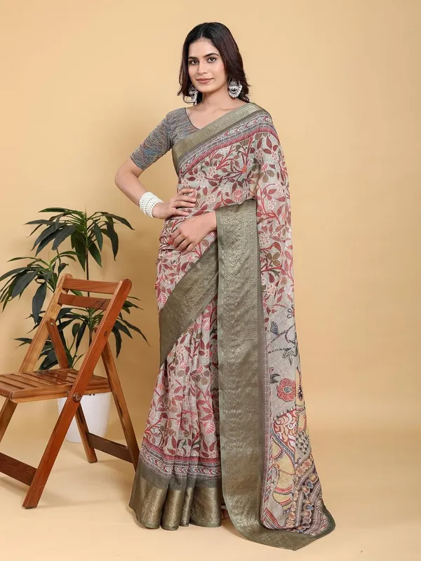 Women's_Linen_Cotton_Jacquard_Patta_Saree_with_Elegant_Weaving_Design_|_For_Traditional,_Festive_&_Wedding_|_Soft,_Breathable_&_Stylish_|_5.5m_Saree_+_0.8m_Blouse_Piece_(Beige_&_Green)