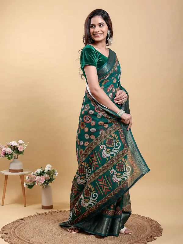 Women's_Linen_Cotton_Jacquard_Patta_Saree_with_Elegant_Weaving_Design_|_For_Traditional,_Festive_&_Wedding_|_Soft,_Breathable_&_Stylish_|_5.5m_Saree_+_0.8m_Blouse_Piece_(Forest_&_Green)