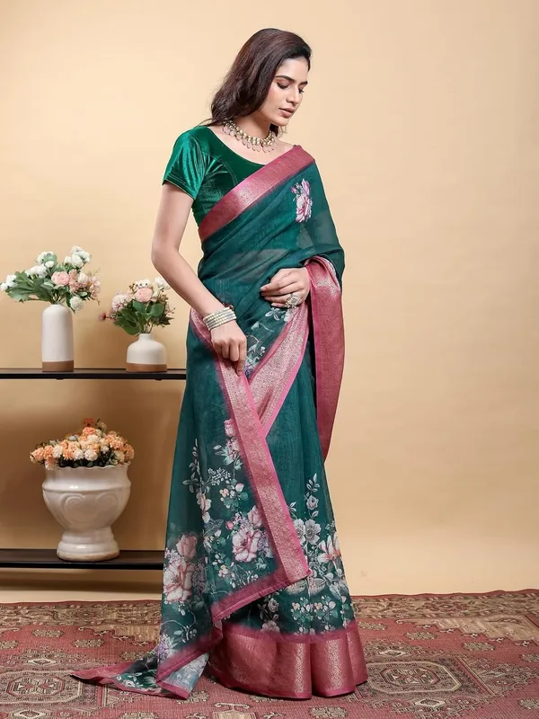 Women's_Linen_Cotton_Jacquard_Patta_Saree_with_Elegant_Weaving_Design_|_For_Traditional,_Festive_&_Wedding_|_Soft,_Breathable_&_Stylish_|_5.5m_Saree_+_0.8m_Blouse_Piece_(Teal_&_Pink)