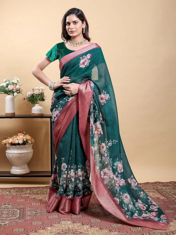 Women's_Linen_Cotton_Jacquard_Patta_Saree_with_Elegant_Weaving_Design_|_For_Traditional,_Festive_&_Wedding_|_Soft,_Breathable_&_Stylish_|_5.5m_Saree_+_0.8m_Blouse_Piece_(Teal_&_Pink)