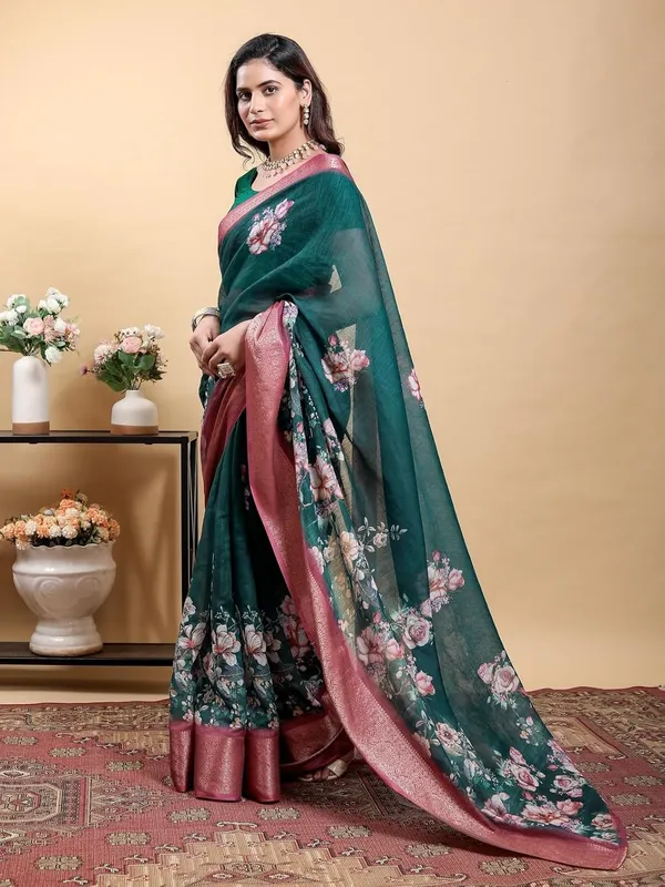 Women's_Linen_Cotton_Jacquard_Patta_Saree_with_Elegant_Weaving_Design_|_For_Traditional,_Festive_&_Wedding_|_Soft,_Breathable_&_Stylish_|_5.5m_Saree_+_0.8m_Blouse_Piece_(Teal_&_Pink)