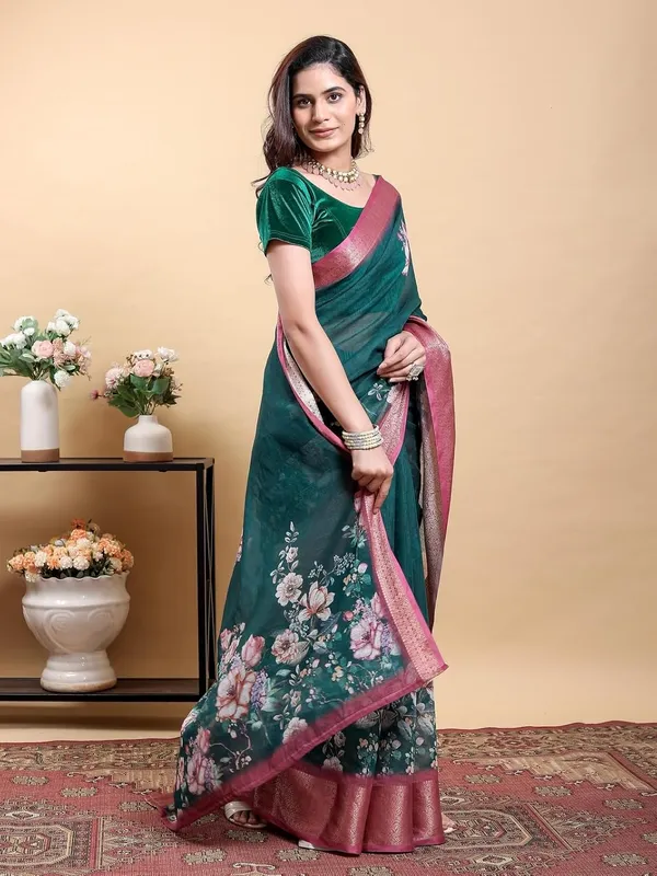 Women's_Linen_Cotton_Jacquard_Patta_Saree_with_Elegant_Weaving_Design_|_For_Traditional,_Festive_&_Wedding_|_Soft,_Breathable_&_Stylish_|_5.5m_Saree_+_0.8m_Blouse_Piece_(Teal_&_Pink)