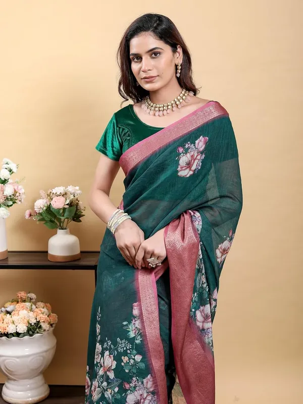 Women's_Linen_Cotton_Jacquard_Patta_Saree_with_Elegant_Weaving_Design_|_For_Traditional,_Festive_&_Wedding_|_Soft,_Breathable_&_Stylish_|_5.5m_Saree_+_0.8m_Blouse_Piece_(Teal_&_Pink)