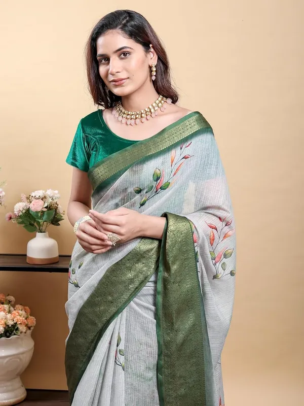 Women's_Linen_Cotton_Jacquard_Patta_Saree_with_Elegant_Weaving_Design_|_For_Traditional,_Festive_&_Wedding_|_Soft,_Breathable_&_Stylish_|_5.5m_Saree_+_0.8m_Blouse_Piece_(Grey_&_Green)
