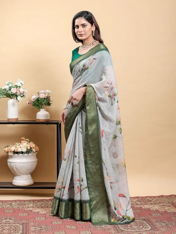 Women's_Linen_Cotton_Jacquard_Patta_Saree_with_Elegant_Weaving_Design_|_For_Traditional,_Festive_&_Wedding_|_Soft,_Breathable_&_Stylish_|_5.5m_Saree_+_0.8m_Blouse_Piece_(Grey_&_Green)