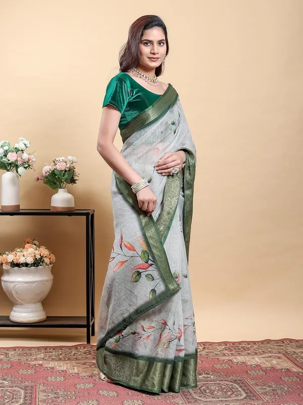 Women's_Linen_Cotton_Jacquard_Patta_Saree_with_Elegant_Weaving_Design_|_For_Traditional,_Festive_&_Wedding_|_Soft,_Breathable_&_Stylish_|_5.5m_Saree_+_0.8m_Blouse_Piece_(Grey_&_Green)
