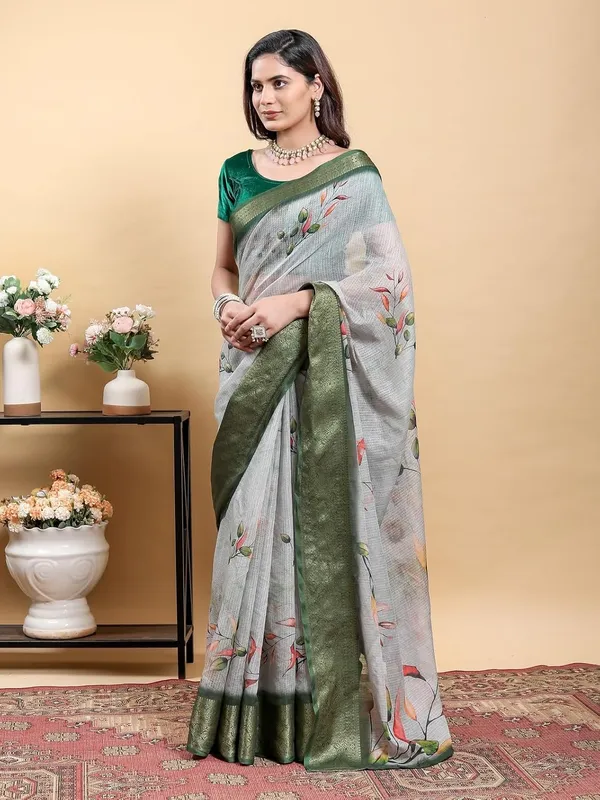 Women's_Linen_Cotton_Jacquard_Patta_Saree_with_Elegant_Weaving_Design_|_For_Traditional,_Festive_&_Wedding_|_Soft,_Breathable_&_Stylish_|_5.5m_Saree_+_0.8m_Blouse_Piece_(Grey_&_Green)