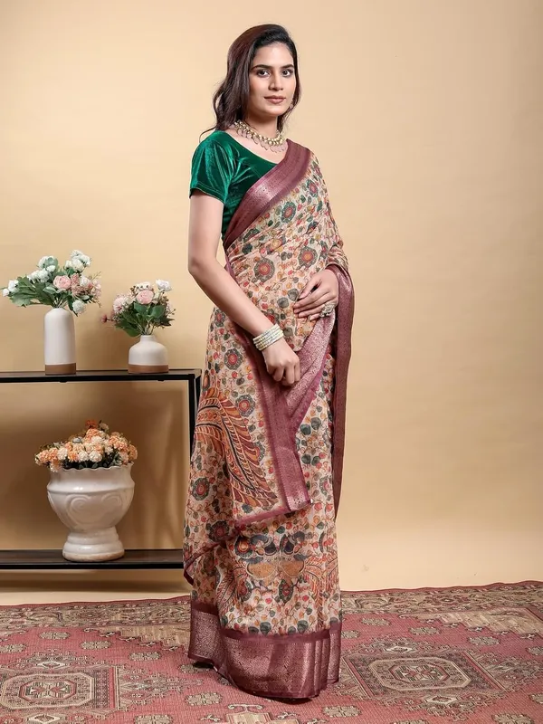 Women's_Linen_Cotton_Jacquard_Patta_Saree_with_Elegant_Weaving_Design_|_For_Traditional,_Festive_&_Wedding_|_Soft,_Breathable_&_Stylish_|_5.5m_Saree_+_0.8m_Blouse_Piece_(Beige_&_Maroon)