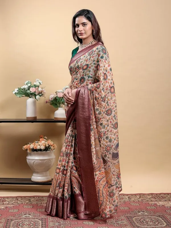 Women's_Linen_Cotton_Jacquard_Patta_Saree_with_Elegant_Weaving_Design_|_For_Traditional,_Festive_&_Wedding_|_Soft,_Breathable_&_Stylish_|_5.5m_Saree_+_0.8m_Blouse_Piece_(Beige_&_Maroon)