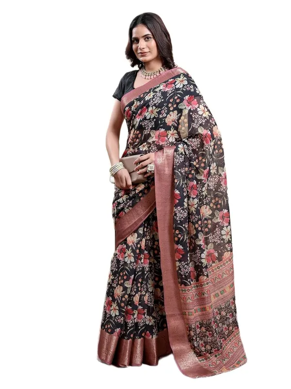 Women's_Linen_Cotton_Jacquard_Patta_Saree_with_Elegant_Weaving_Design_|_For_Traditional,_Festive_&_Wedding_|_Soft,_Breathable_&_Stylish_|_5.5m_Saree_+_0.8m_Blouse_Piece_(Black_&_Rose)