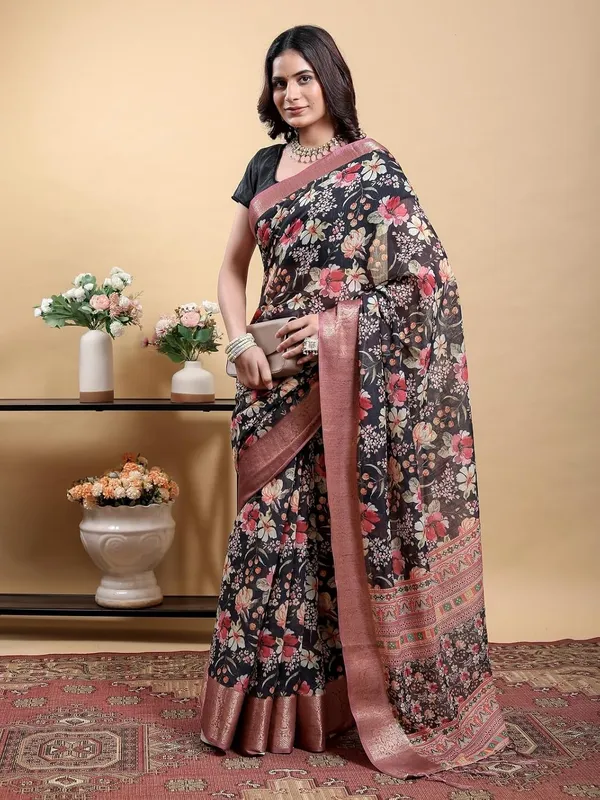 Women's_Linen_Cotton_Jacquard_Patta_Saree_with_Elegant_Weaving_Design_|_For_Traditional,_Festive_&_Wedding_|_Soft,_Breathable_&_Stylish_|_5.5m_Saree_+_0.8m_Blouse_Piece_(Black_&_Rose)