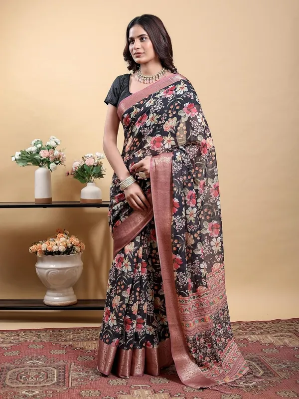 Women's_Linen_Cotton_Jacquard_Patta_Saree_with_Elegant_Weaving_Design_|_For_Traditional,_Festive_&_Wedding_|_Soft,_Breathable_&_Stylish_|_5.5m_Saree_+_0.8m_Blouse_Piece_(Black_&_Rose)