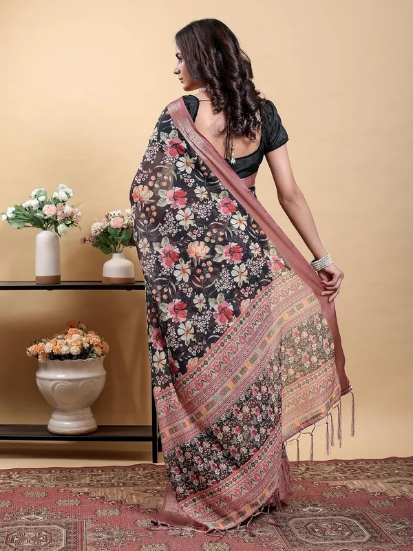 Women's_Linen_Cotton_Jacquard_Patta_Saree_with_Elegant_Weaving_Design_|_For_Traditional,_Festive_&_Wedding_|_Soft,_Breathable_&_Stylish_|_5.5m_Saree_+_0.8m_Blouse_Piece_(Black_&_Rose)