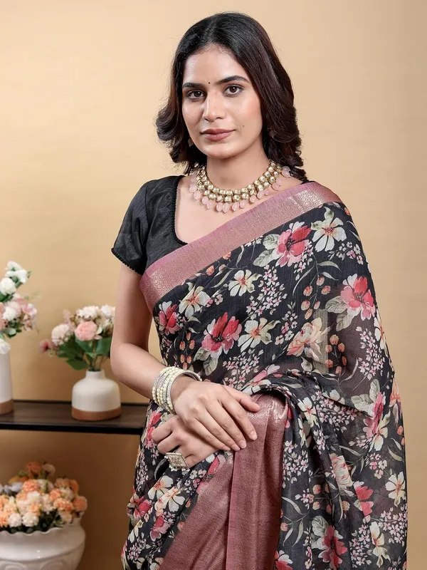 Women's_Linen_Cotton_Jacquard_Patta_Saree_with_Elegant_Weaving_Design_|_For_Traditional,_Festive_&_Wedding_|_Soft,_Breathable_&_Stylish_|_5.5m_Saree_+_0.8m_Blouse_Piece_(Black_&_Rose)