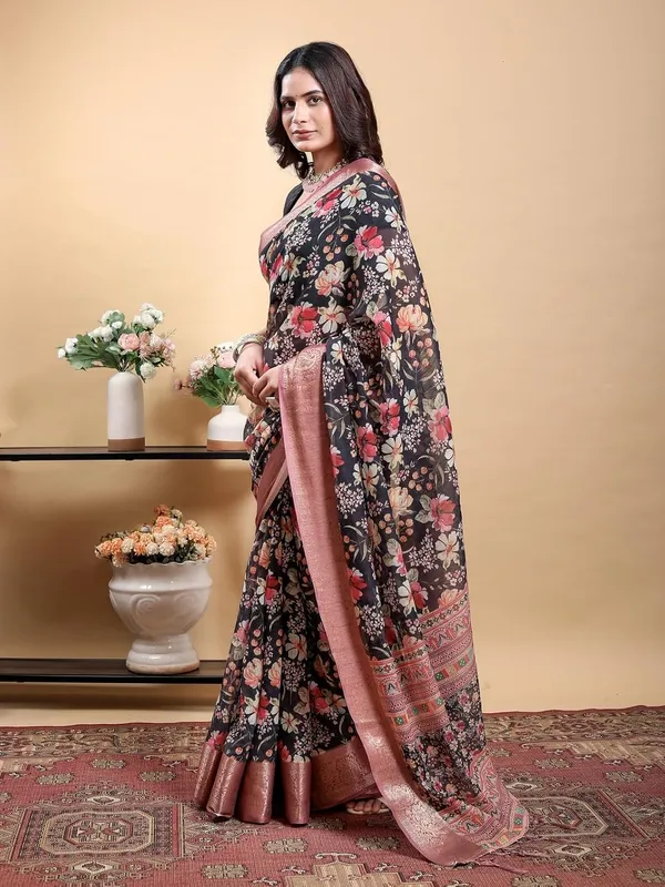 Women's_Linen_Cotton_Jacquard_Patta_Saree_with_Elegant_Weaving_Design_|_For_Traditional,_Festive_&_Wedding_|_Soft,_Breathable_&_Stylish_|_5.5m_Saree_+_0.8m_Blouse_Piece_(Black_&_Rose)