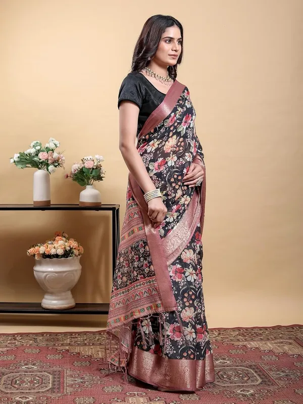 Women's_Linen_Cotton_Jacquard_Patta_Saree_with_Elegant_Weaving_Design_|_For_Traditional,_Festive_&_Wedding_|_Soft,_Breathable_&_Stylish_|_5.5m_Saree_+_0.8m_Blouse_Piece_(Black_&_Rose)